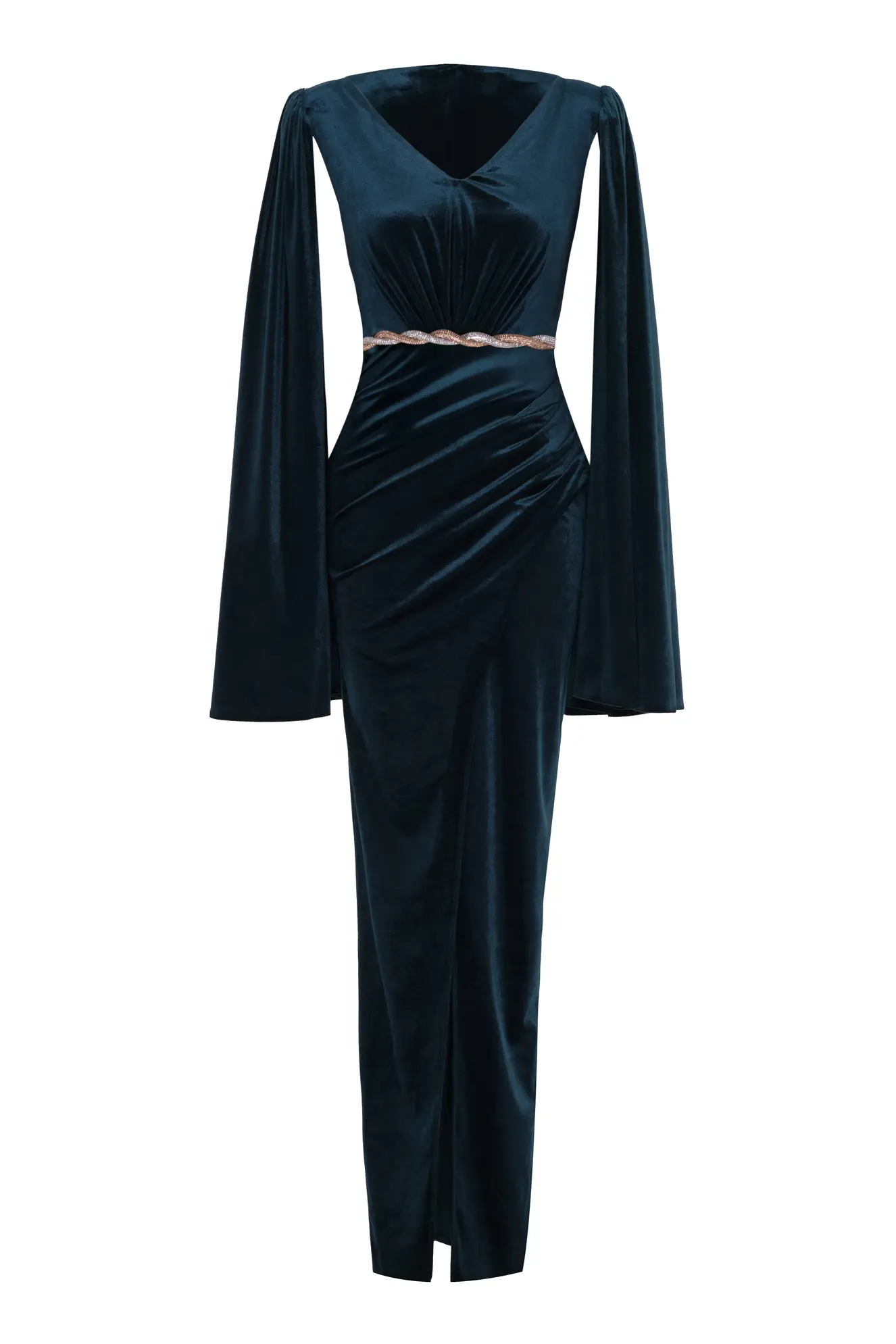 Green Velvet Long Sleeve Long Dress