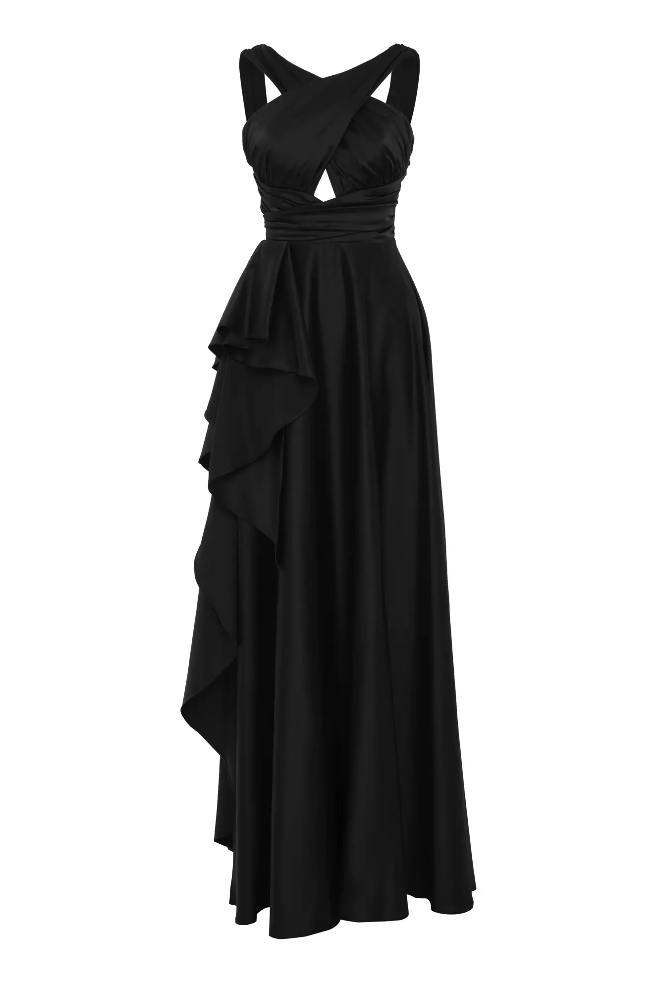 Black satin sleeveless long dress