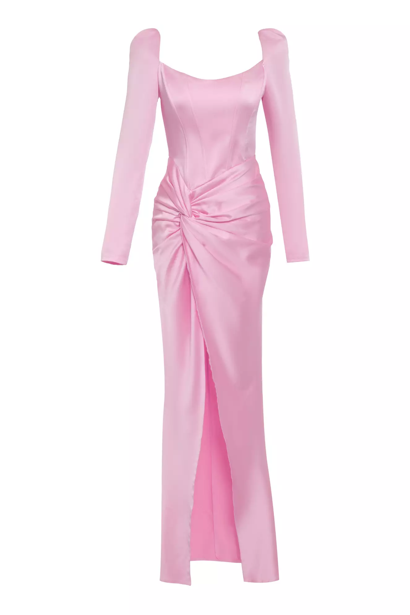 Pink Satin Long Sleeve Long Dress