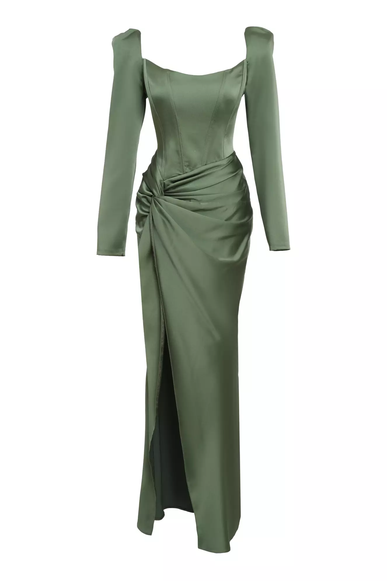 Khaki Satin Long Sleeve Long Dress