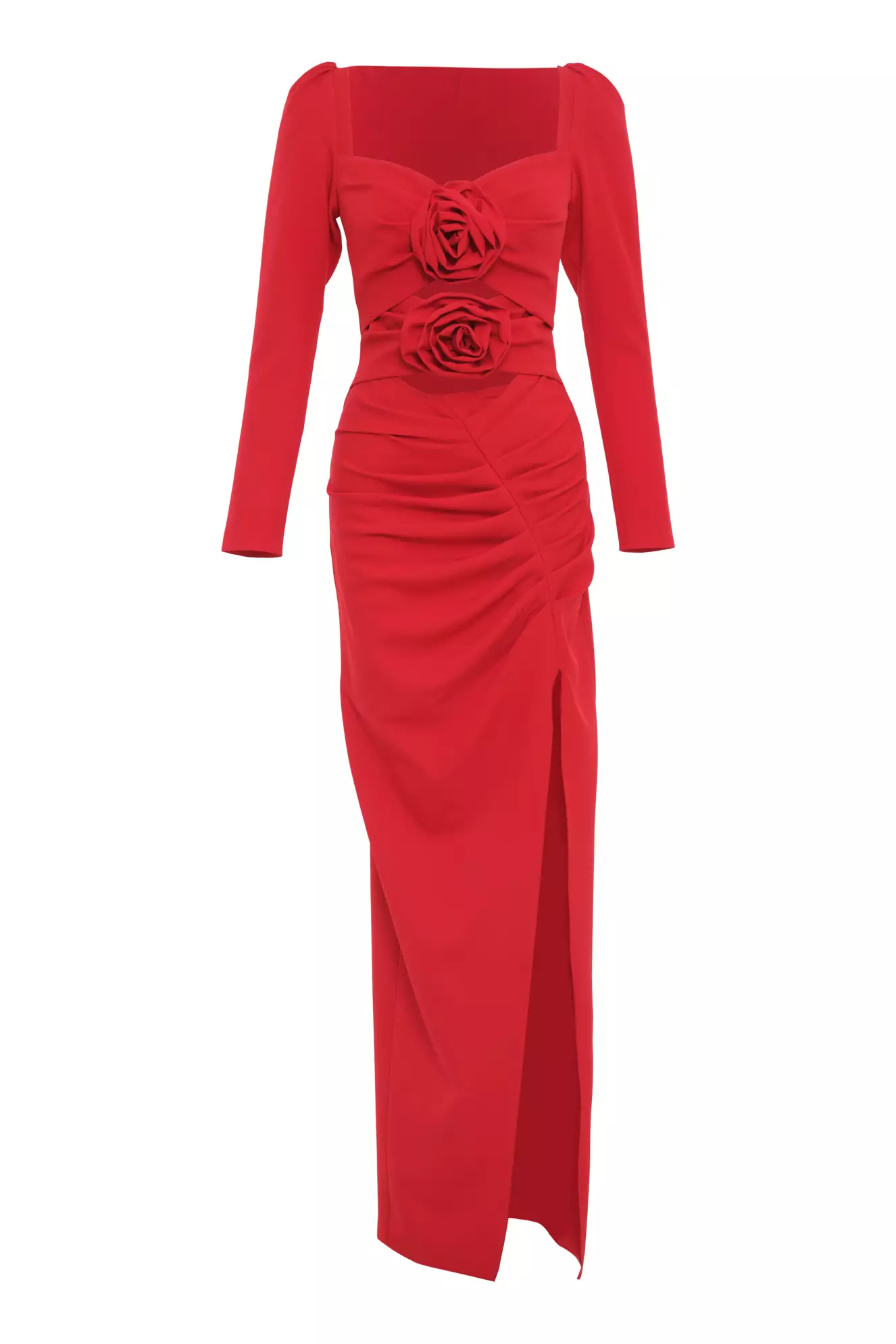 Red Crepe Long Sleeve Long Dress