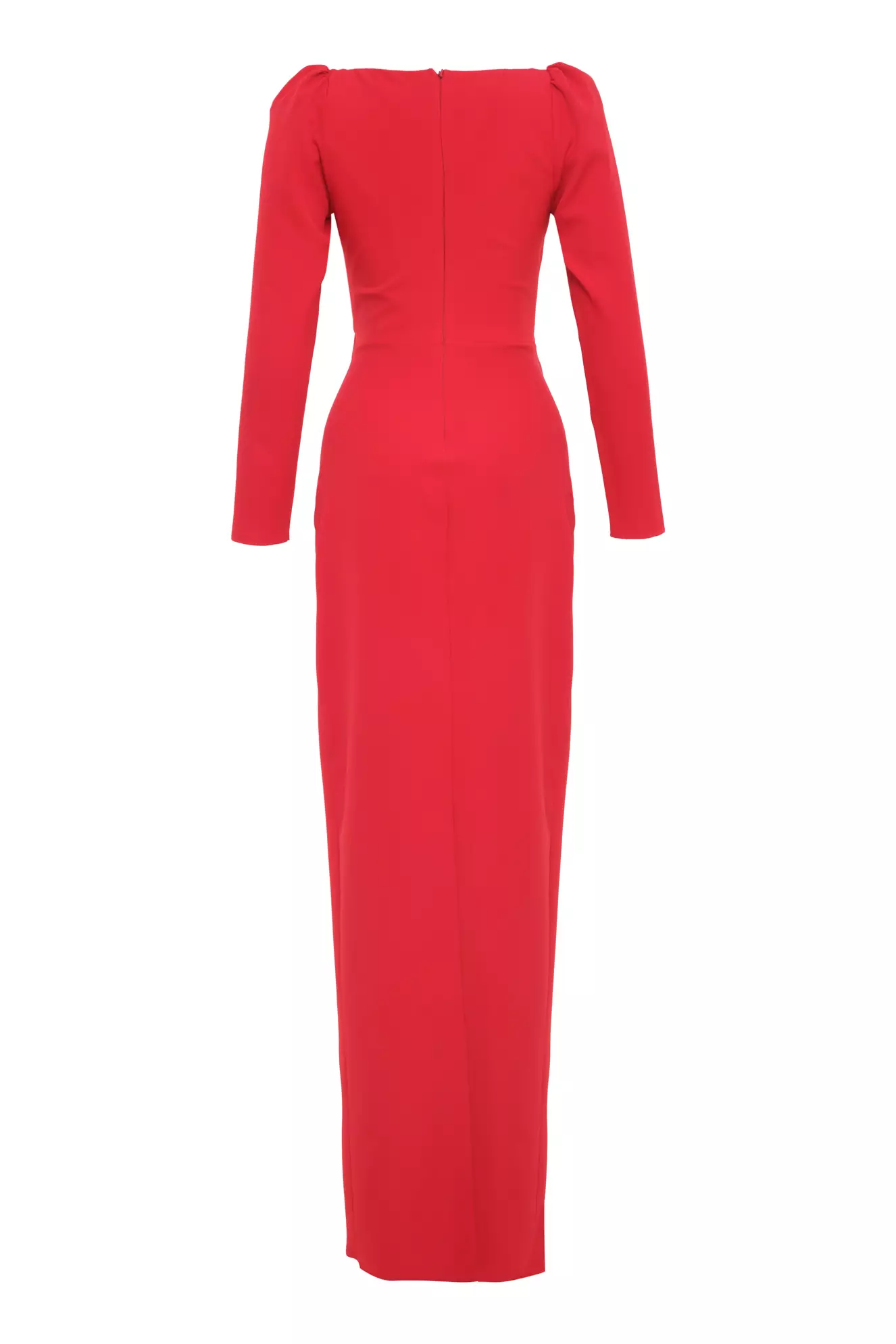 Red Crepe Long Sleeve Long Dress