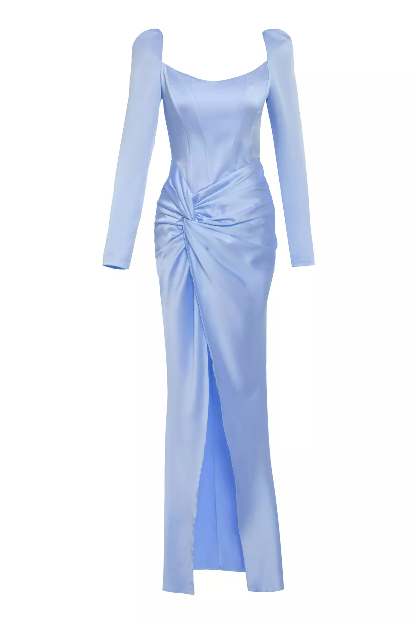 Blue Satin Long Sleeve Long Dress