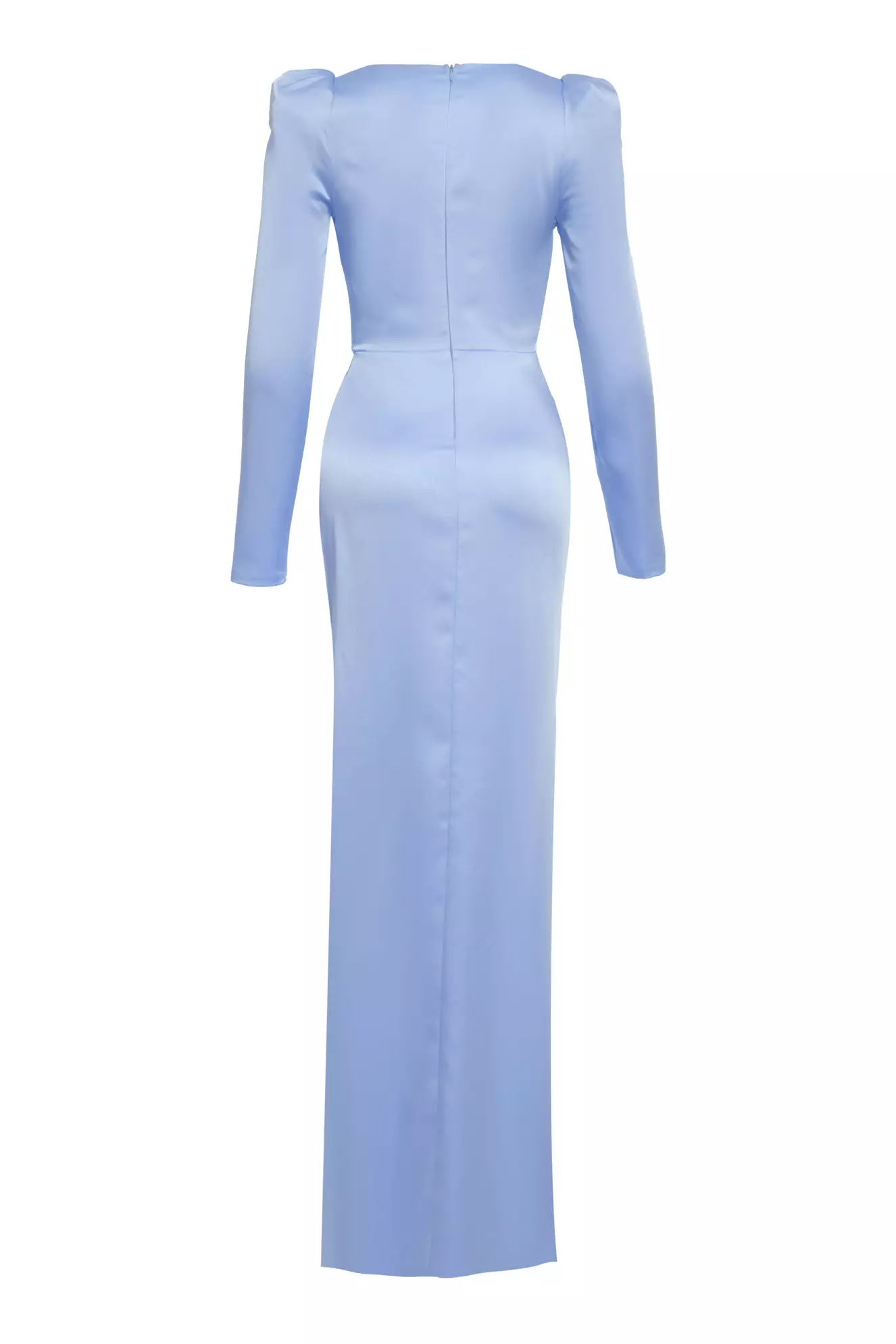 Blue Satin Long Sleeve Long Dress