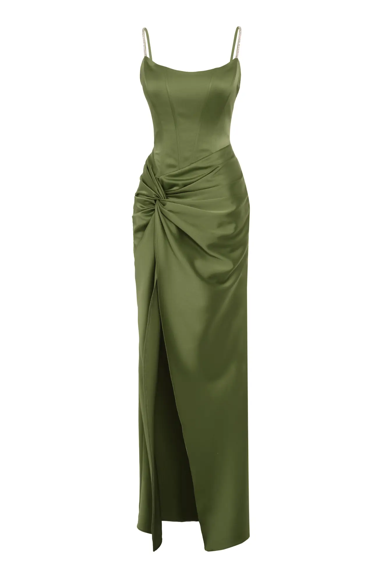 Khaki Satin Sleeveless Long Dress