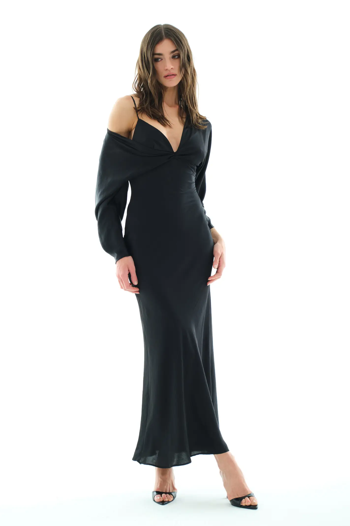 Black satin long sleeve long dress