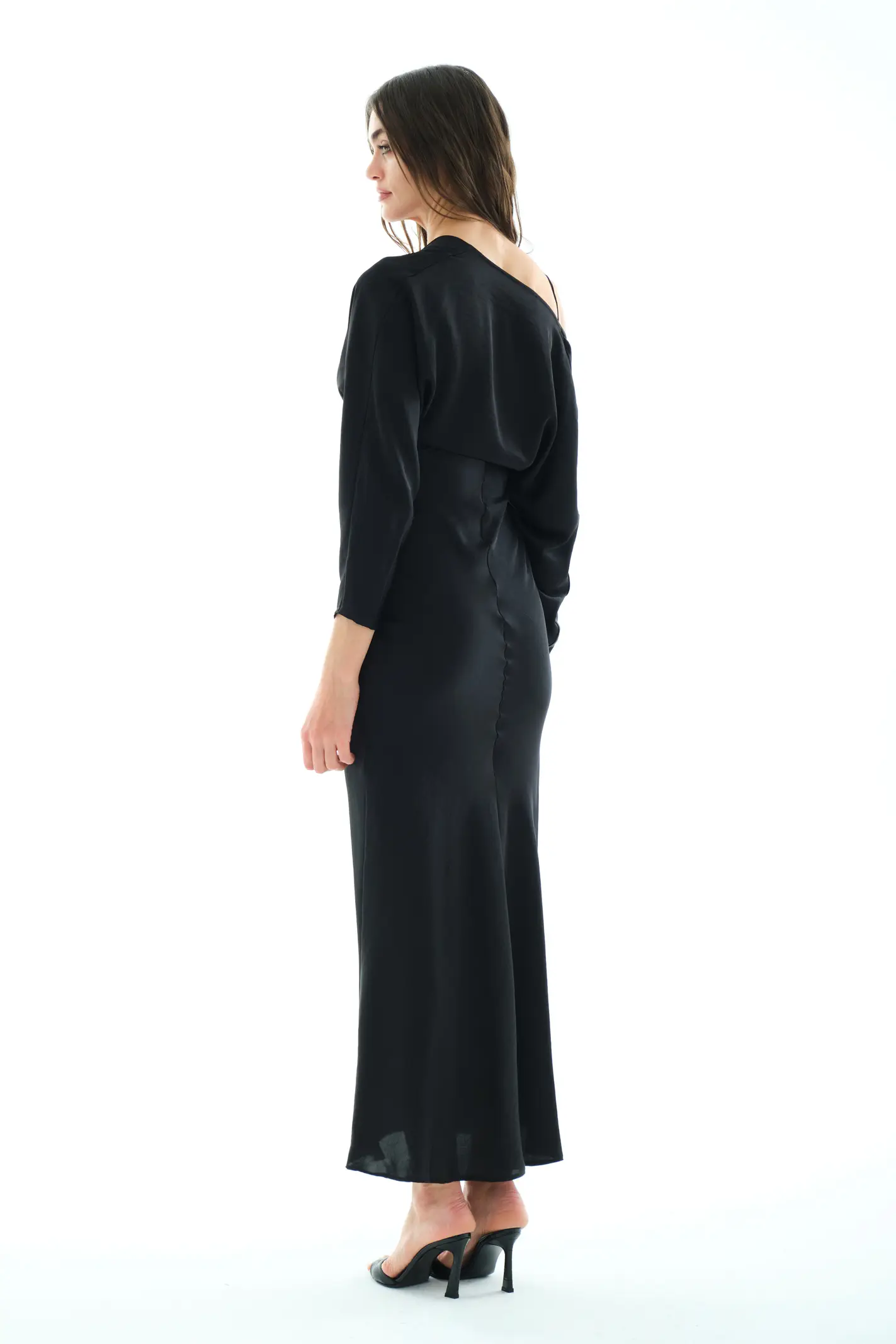 Black satin long sleeve long dress