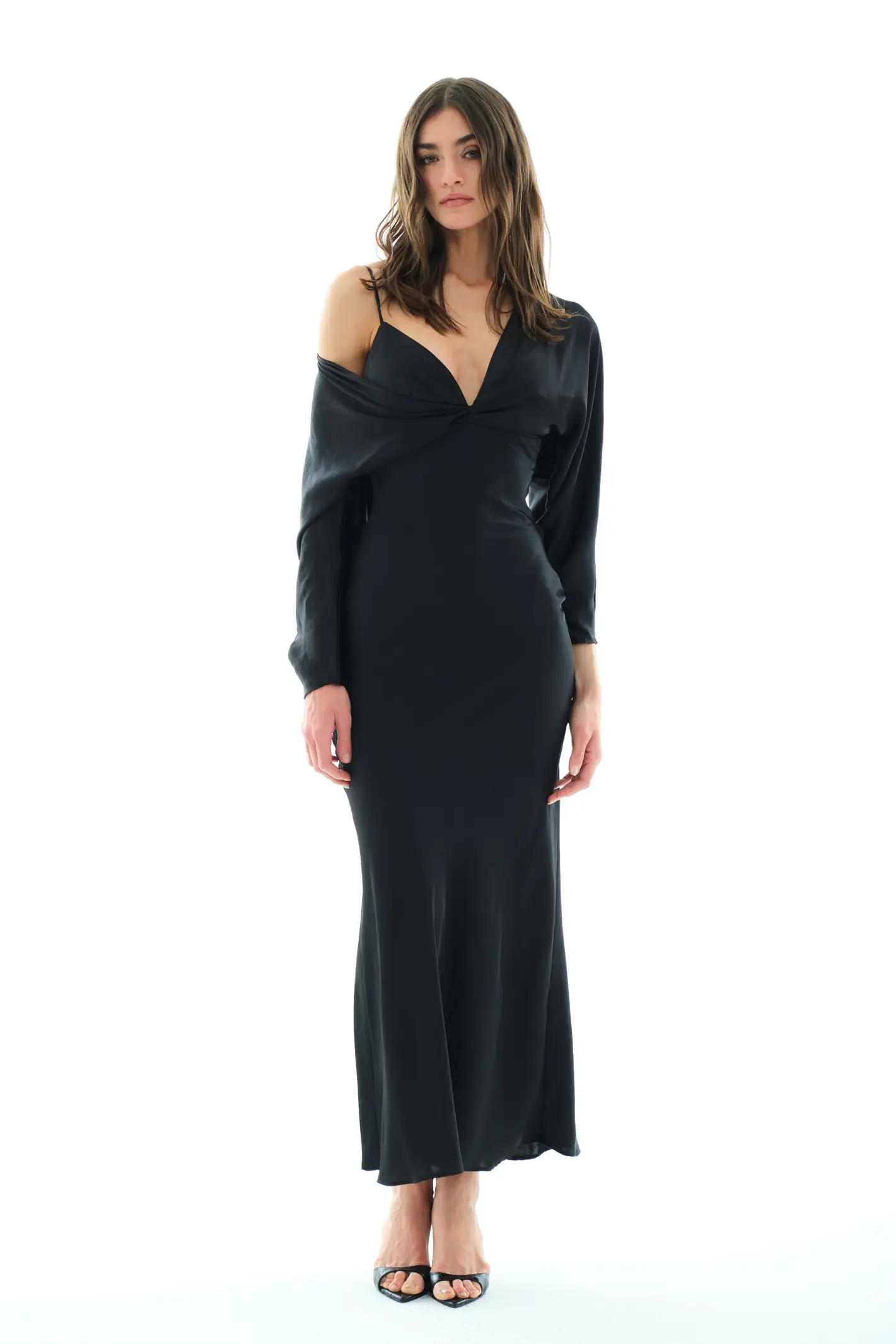 Black Satin Long Sleeve Long Dress