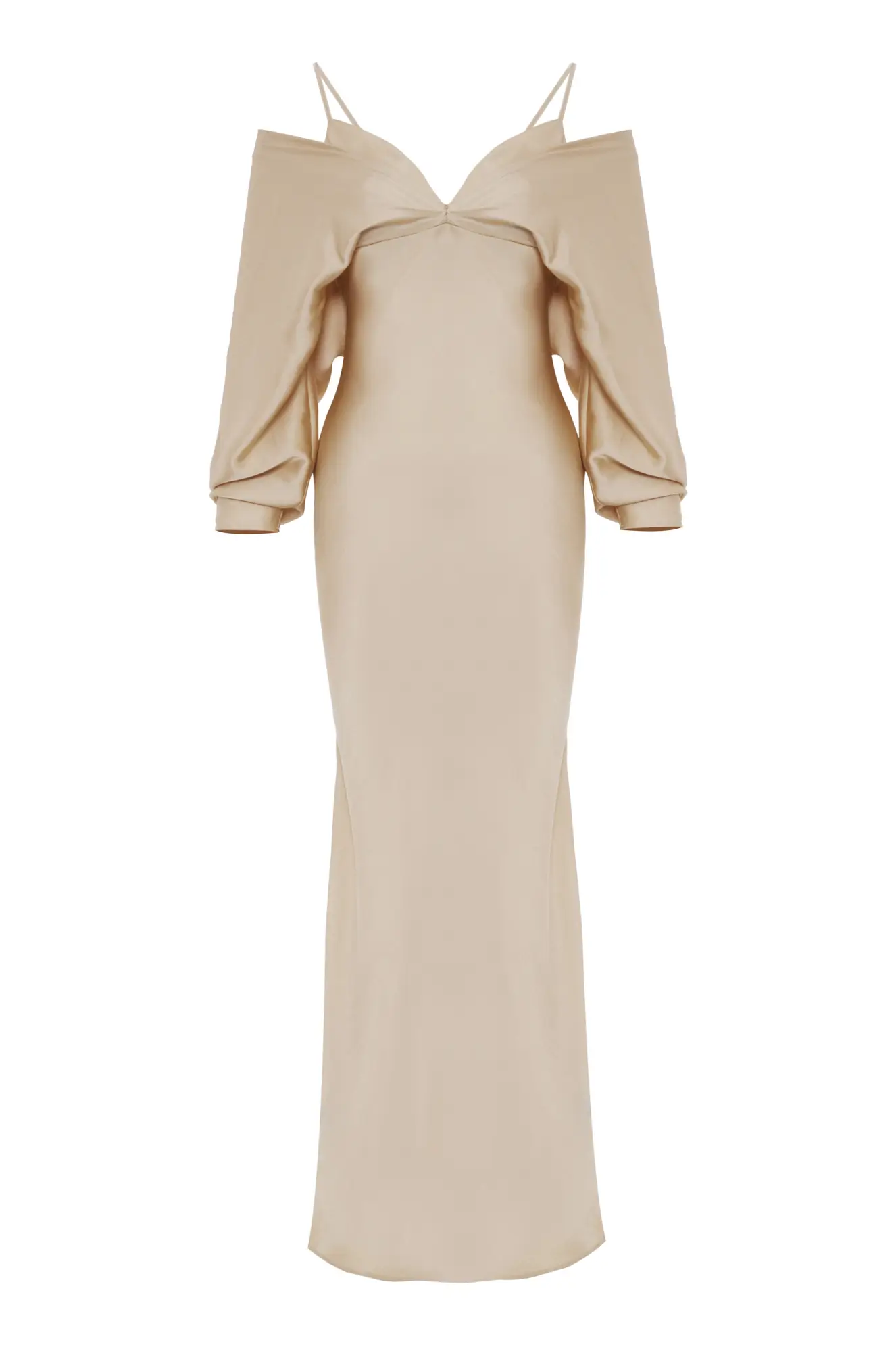 Beige Satin Long Sleeve Long Dress