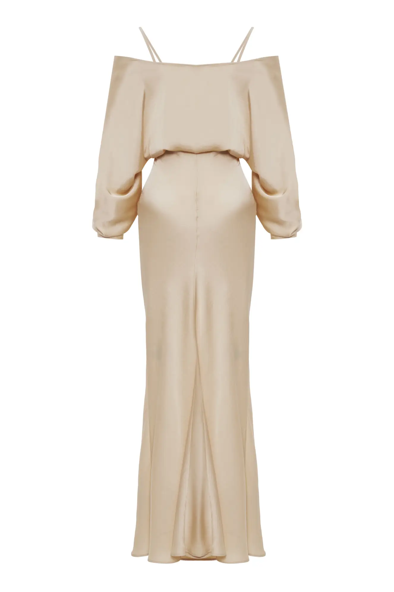 Beige Satin Long Sleeve Long Dress