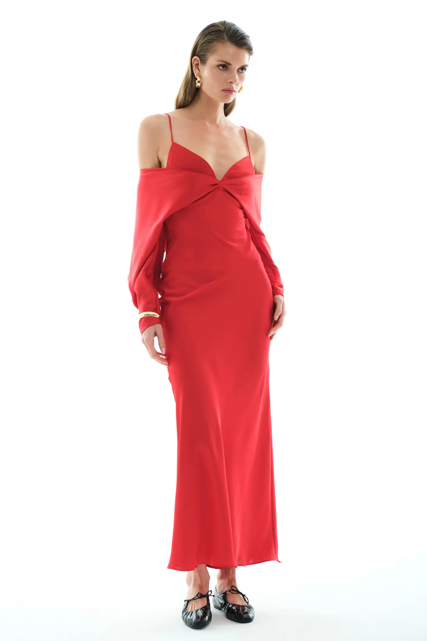 Red Satin Long Sleeve Long Dress