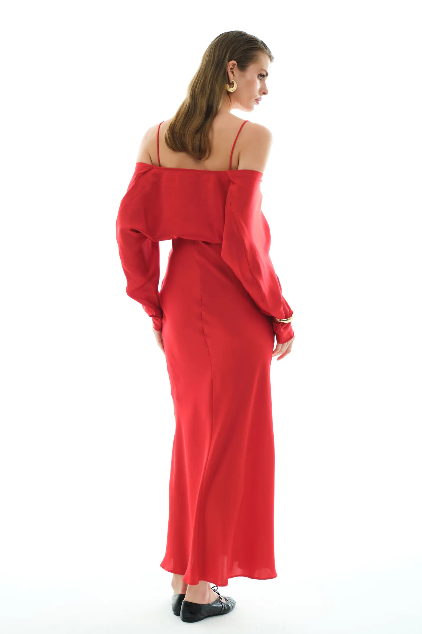 Red Satin Long Sleeve Long Dress