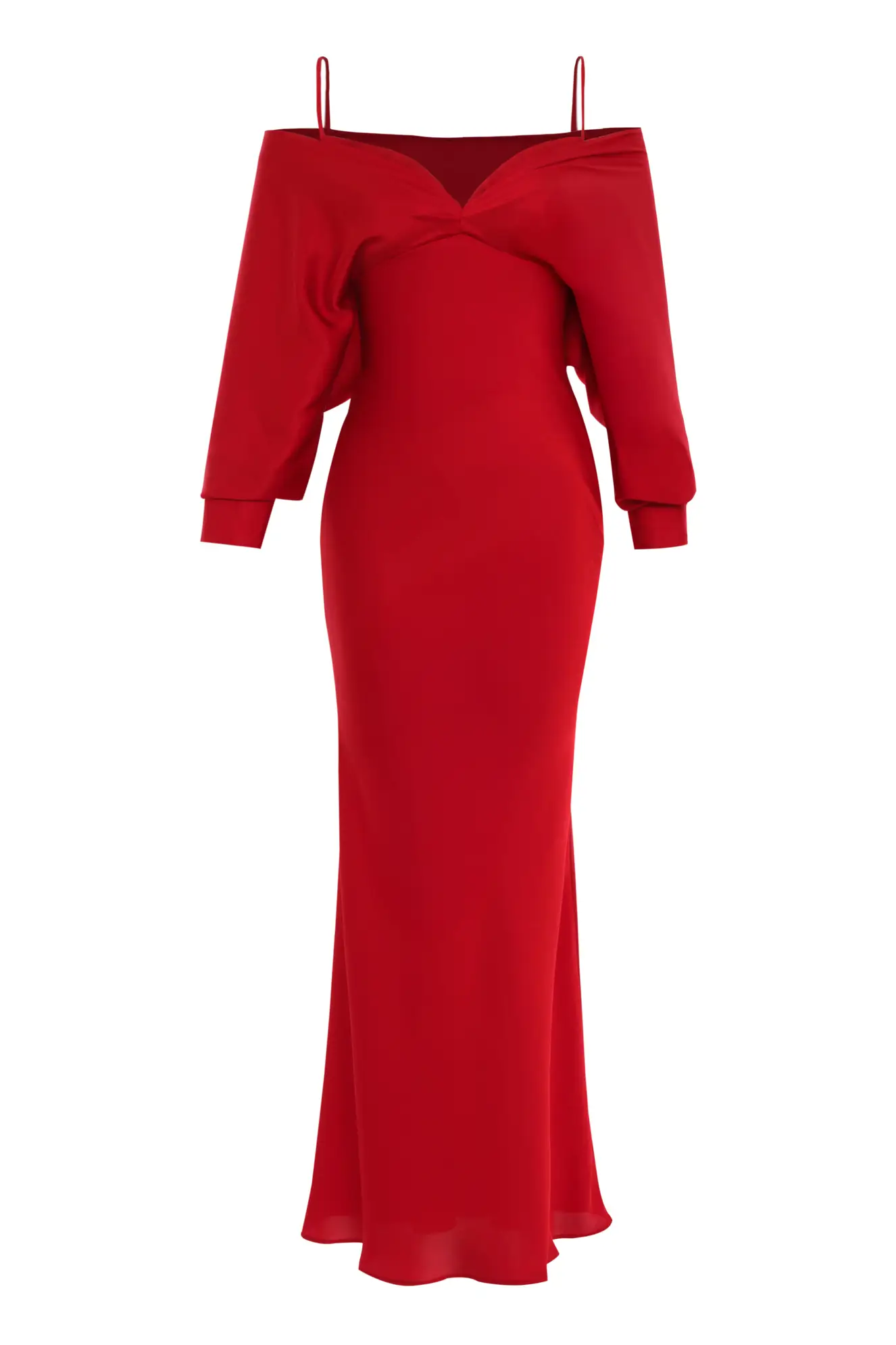 Red Satin Long Sleeve Long Dress