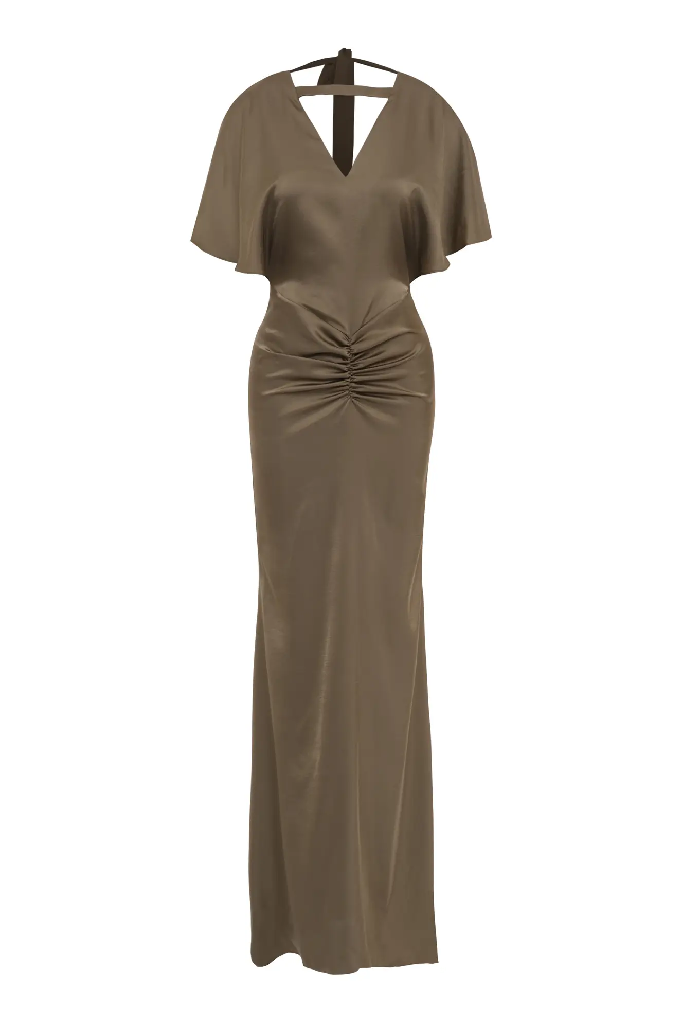 Khaki satin short sleeve long dress