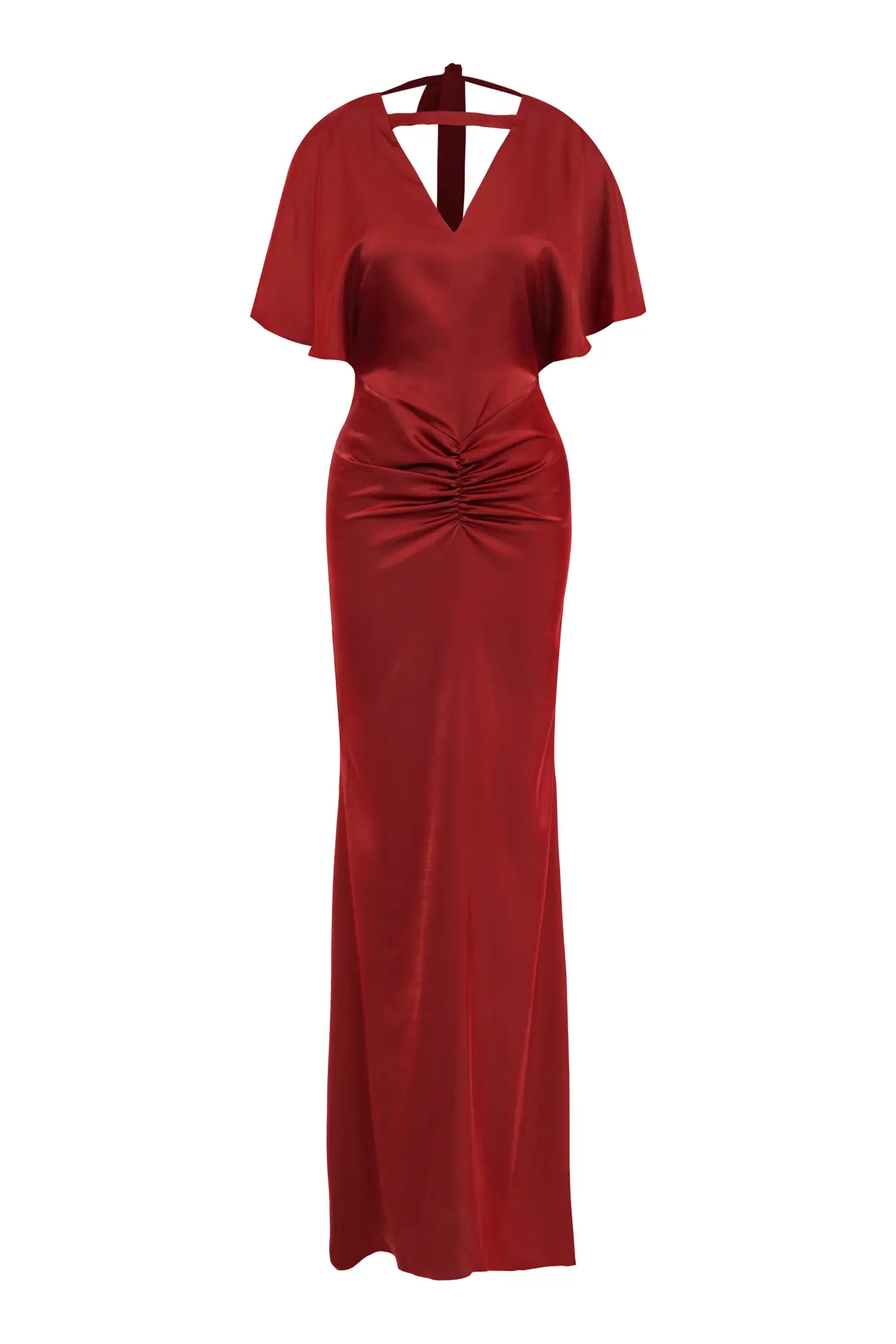 Red Satin Short Sleeve Long Dress
