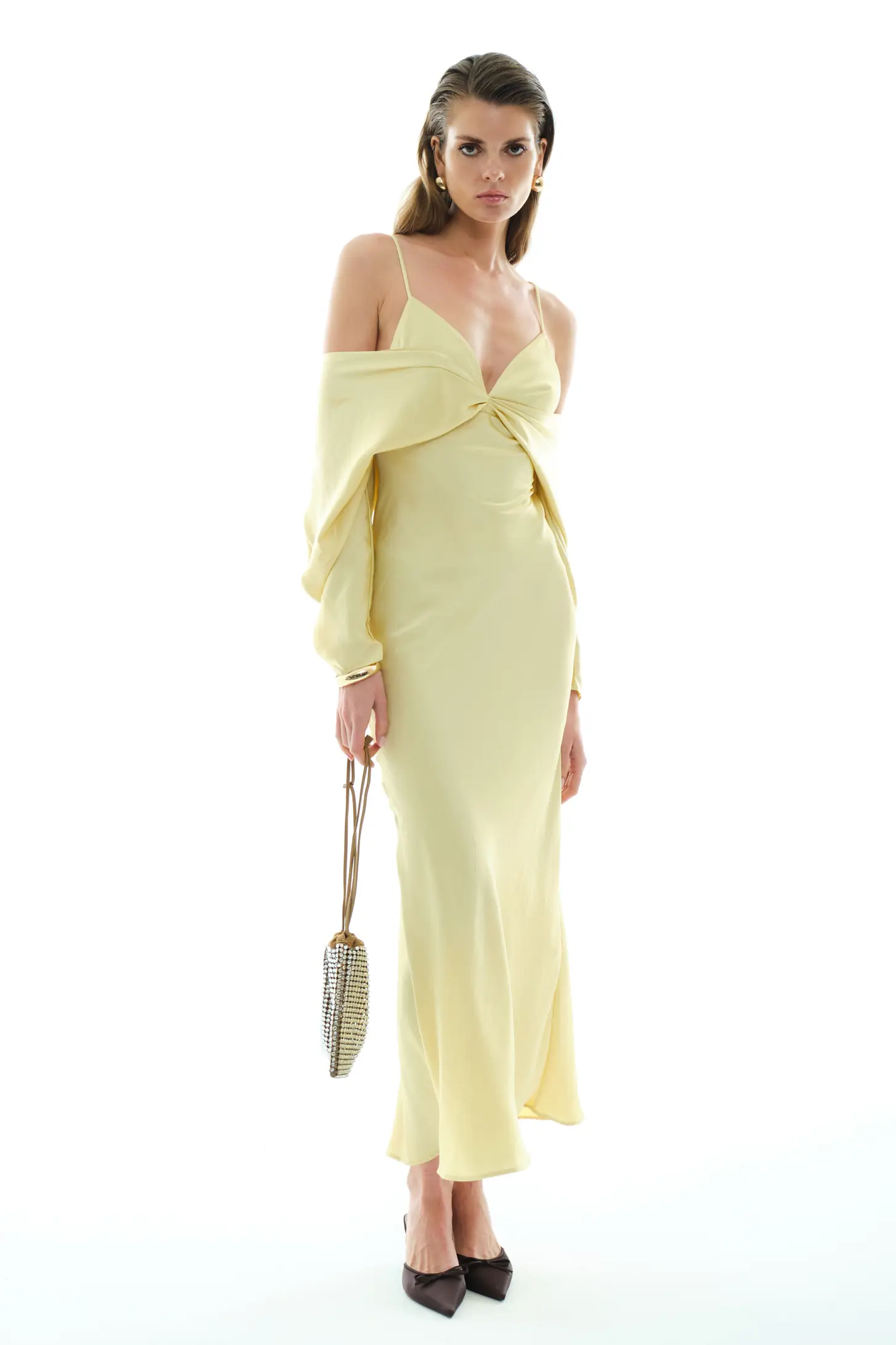 Yellow Satin Long Sleeve Long Dress