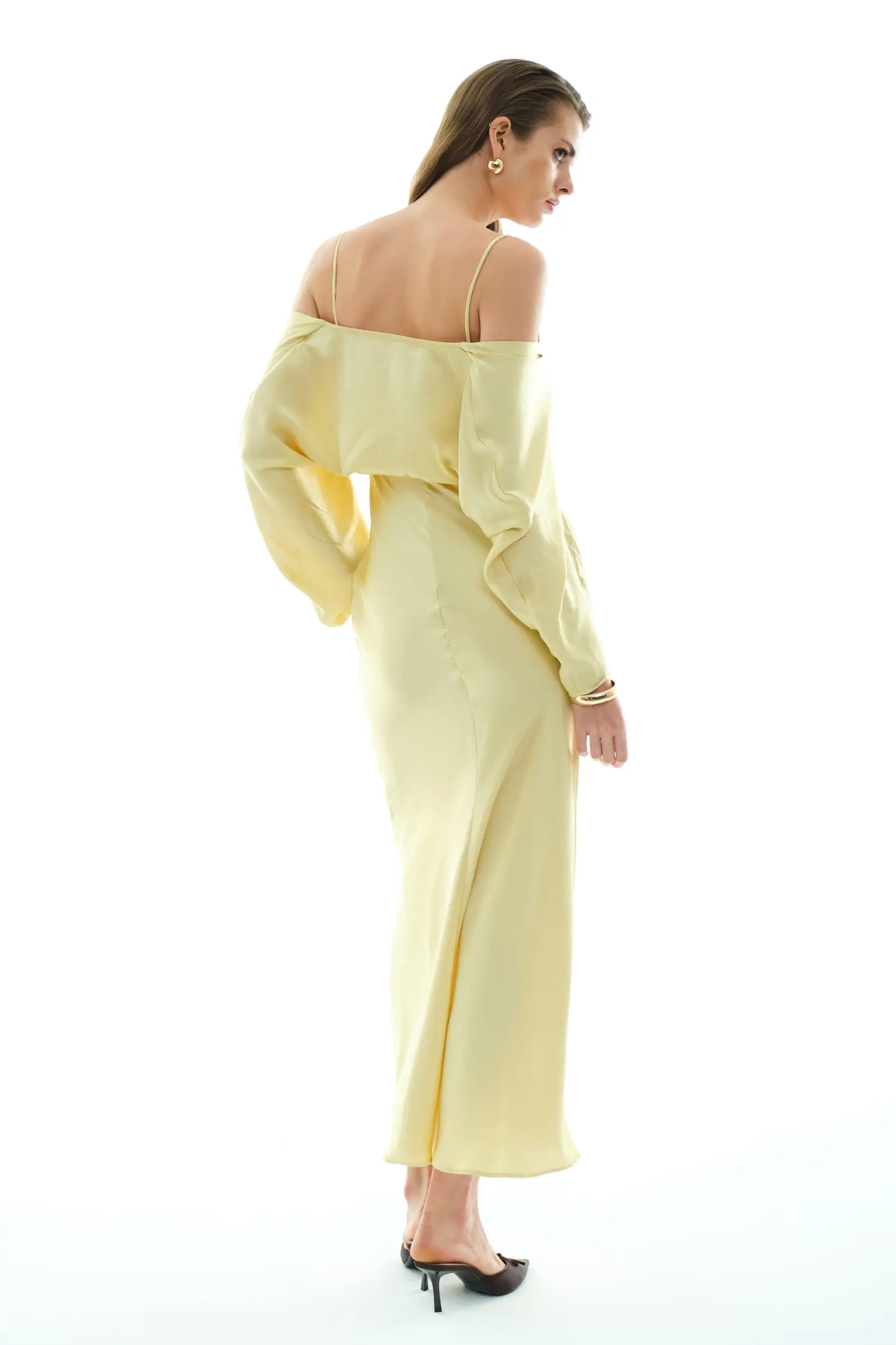 Yellow Satin Long Sleeve Long Dress