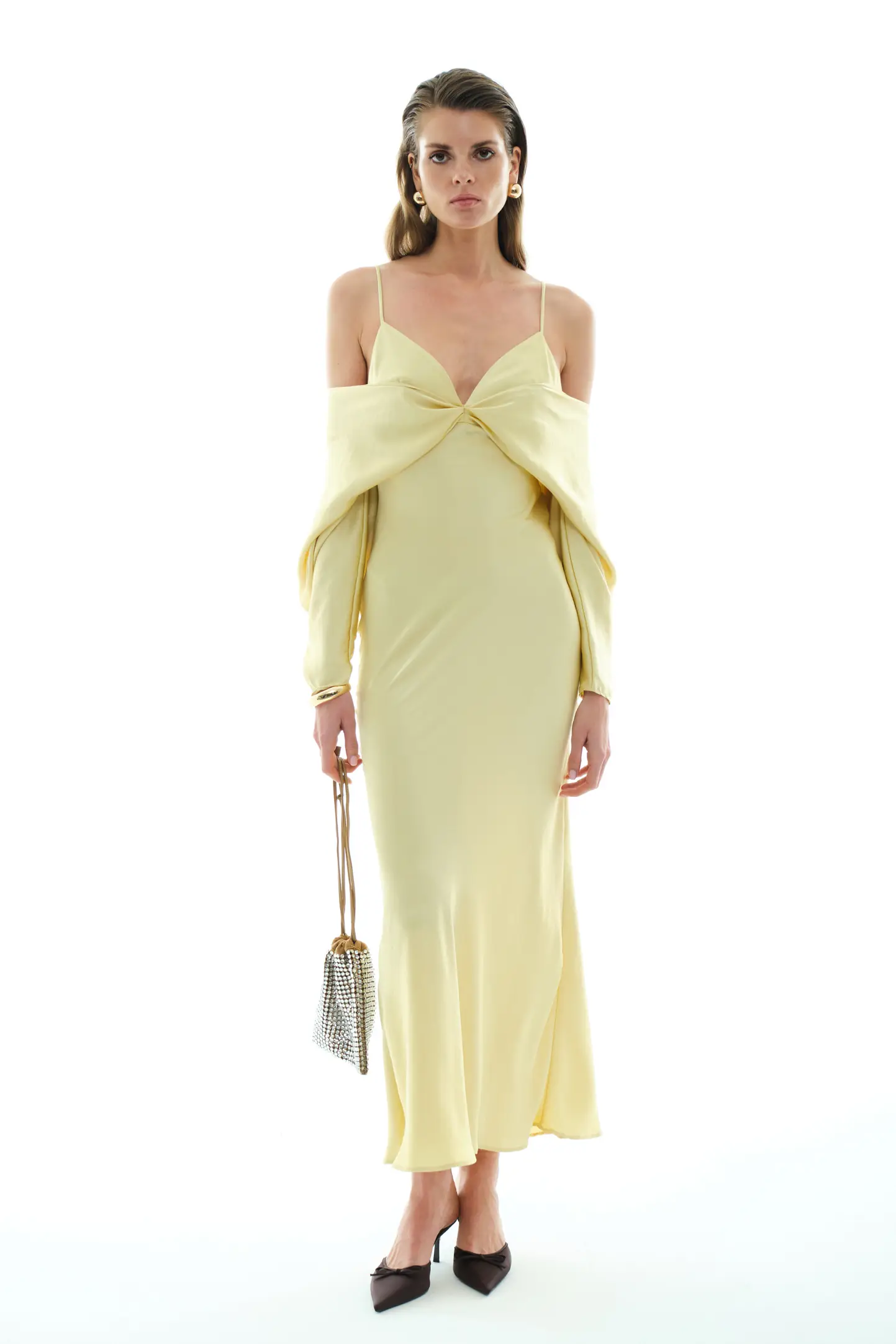 Yellow Satin Long Sleeve Long Dress