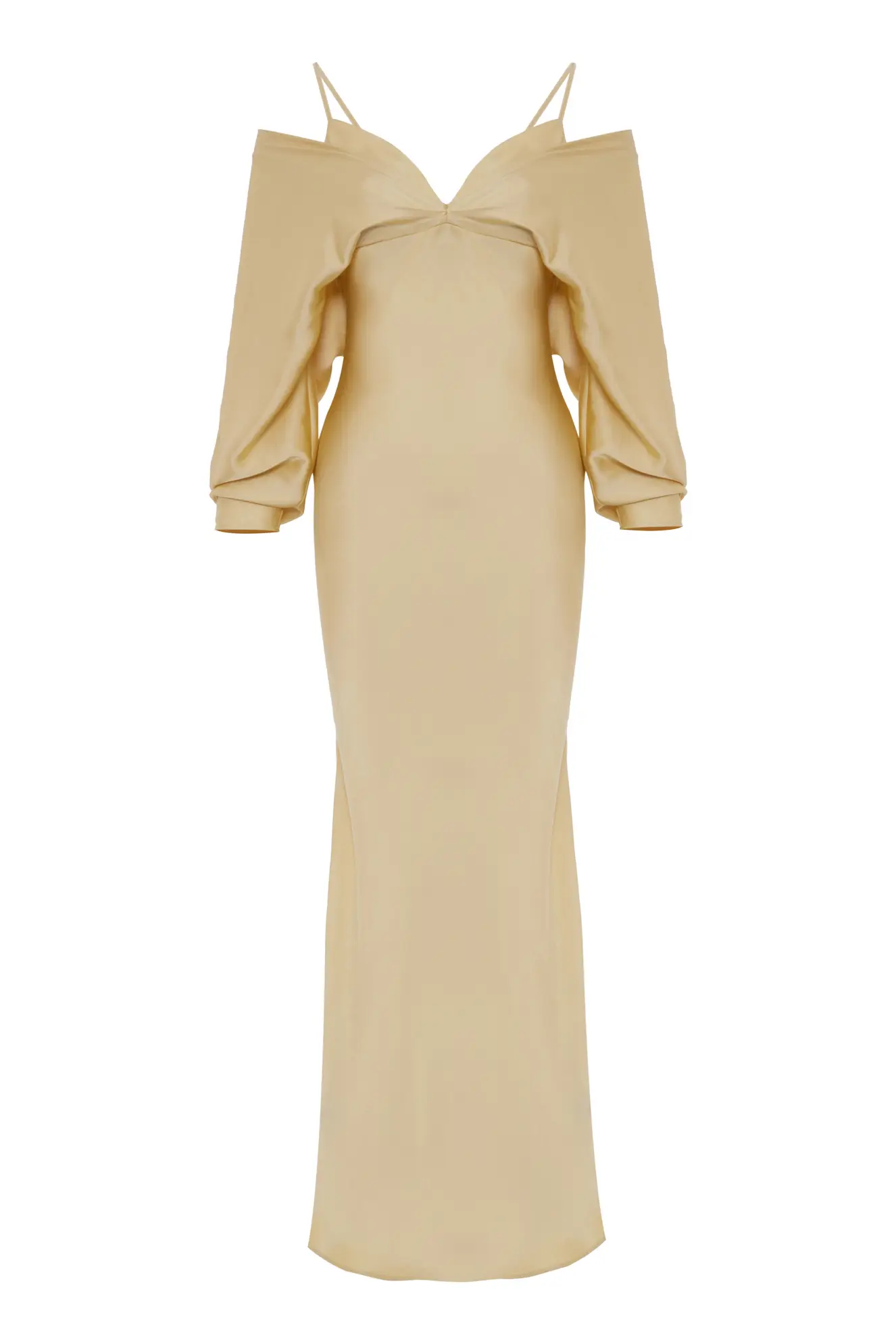 Yellow Satin Long Sleeve Long Dress