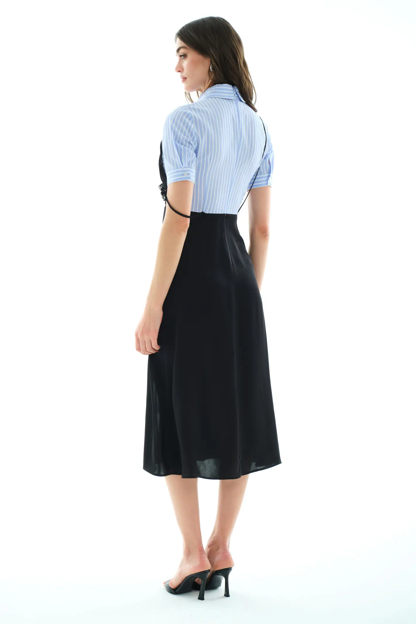 Black Satin Short Sleeve Midi Dress