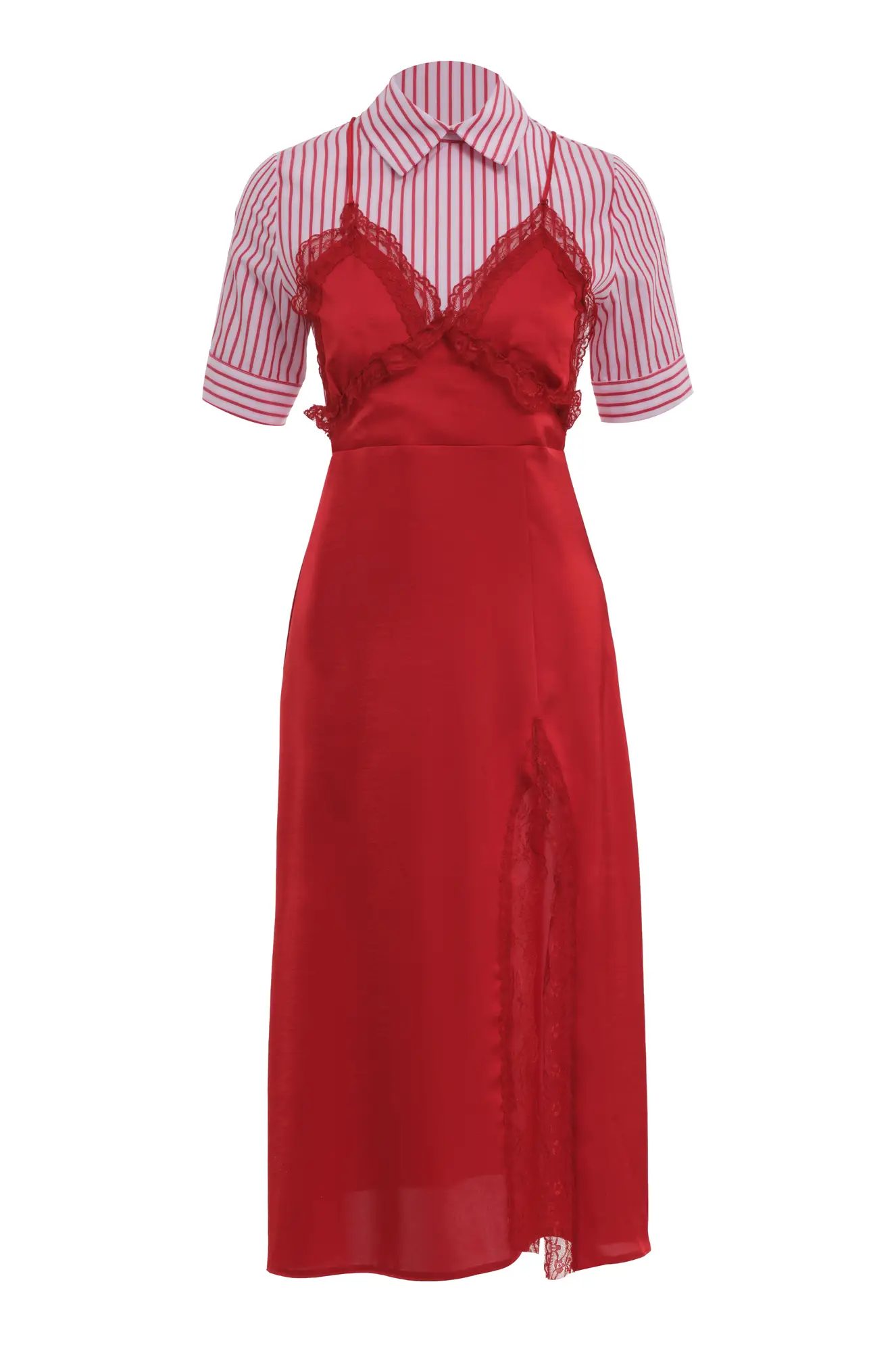 Red Satin Short Sleeve Midi Dress