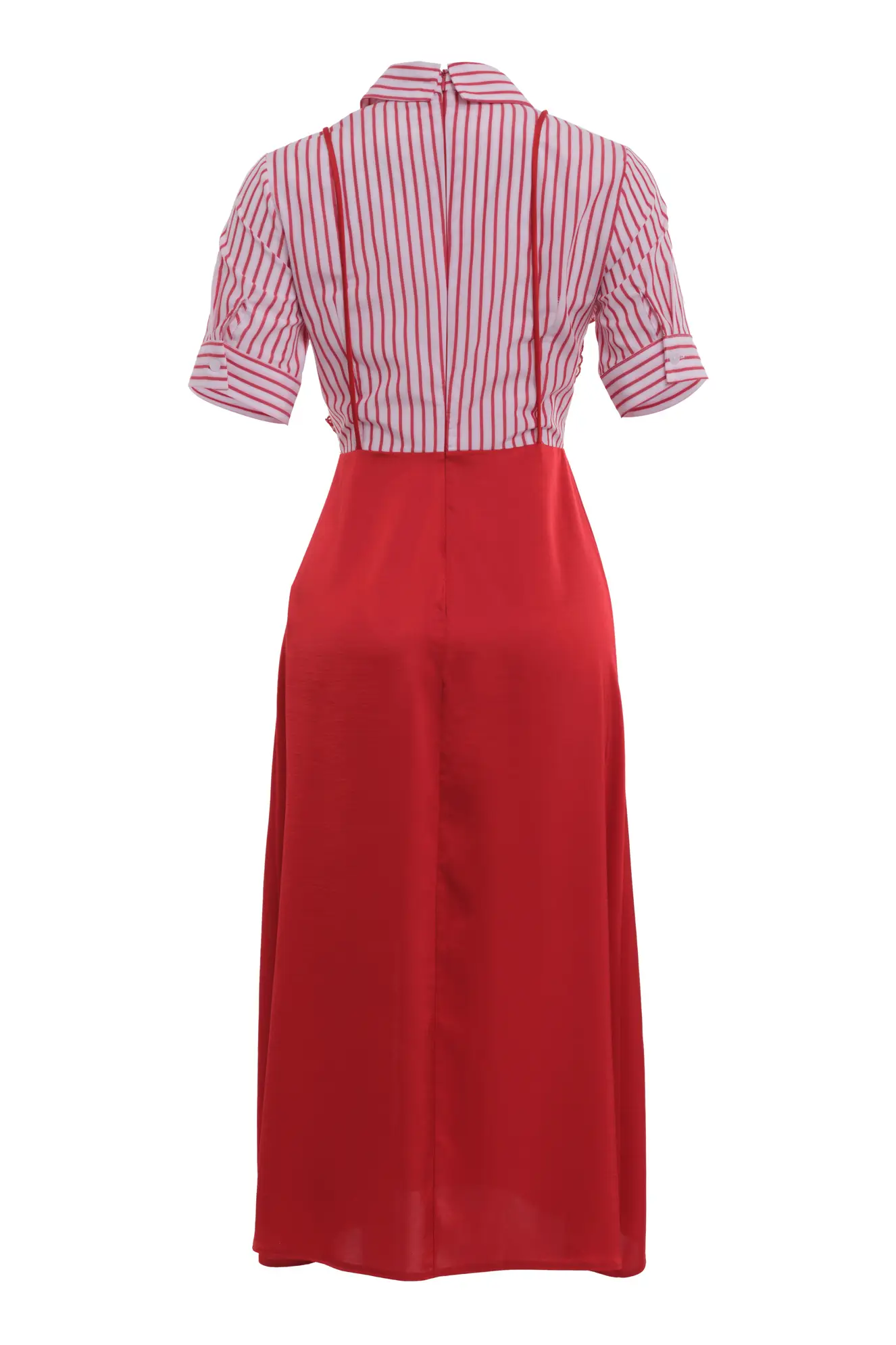Red Satin Short Sleeve Midi Dress