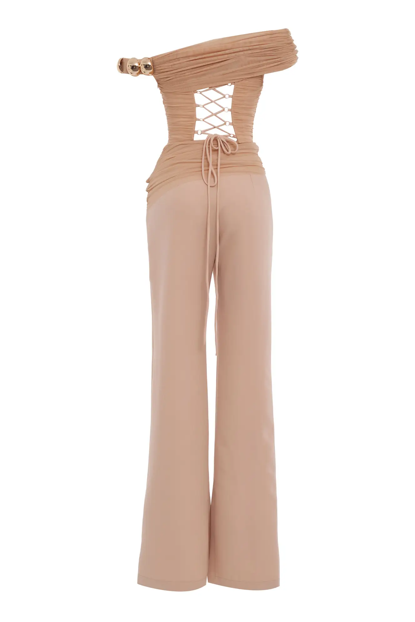 Beige Tulle Sleeveless Long
