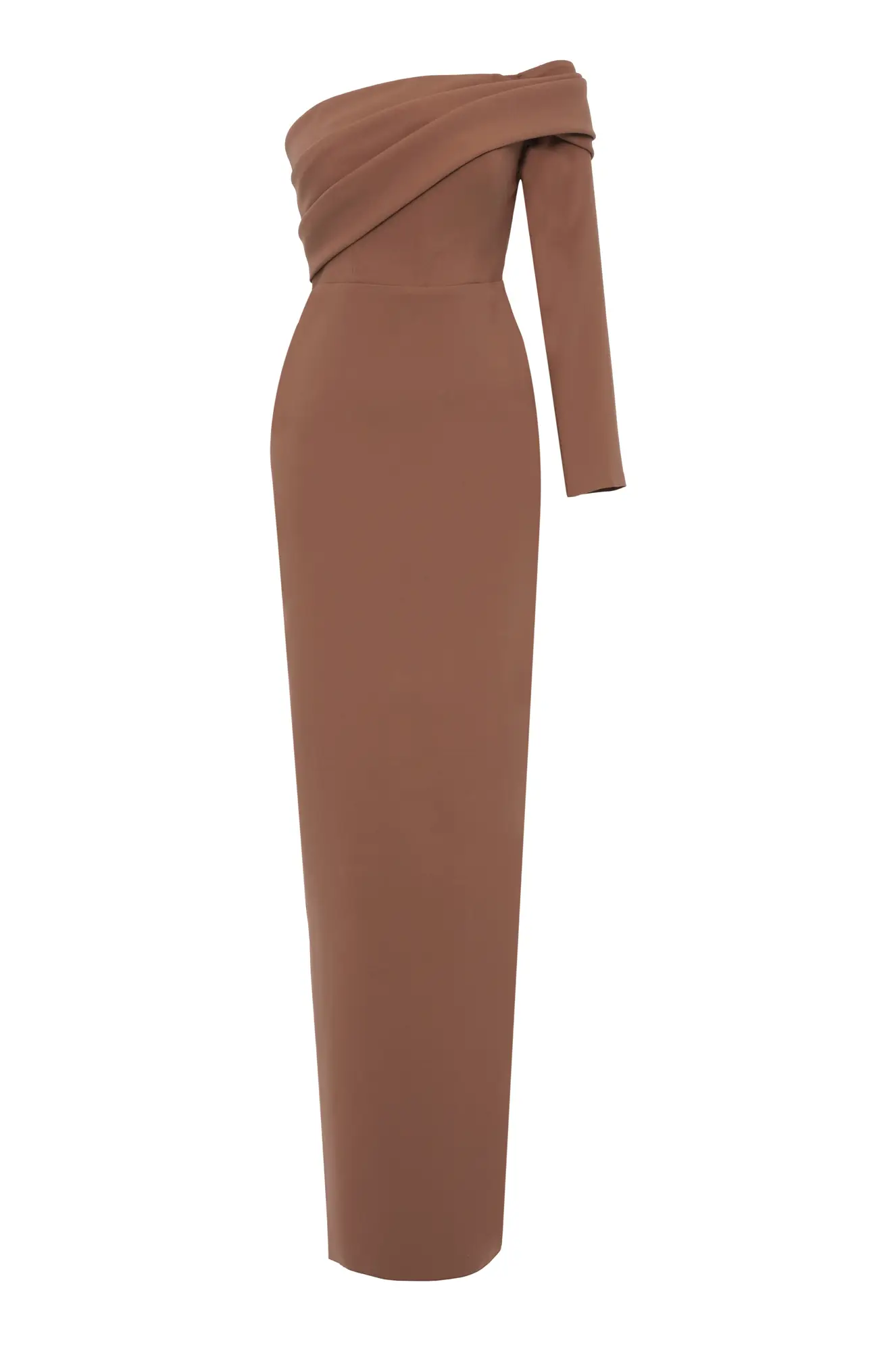 Camel Crepe One Arm Long Dress