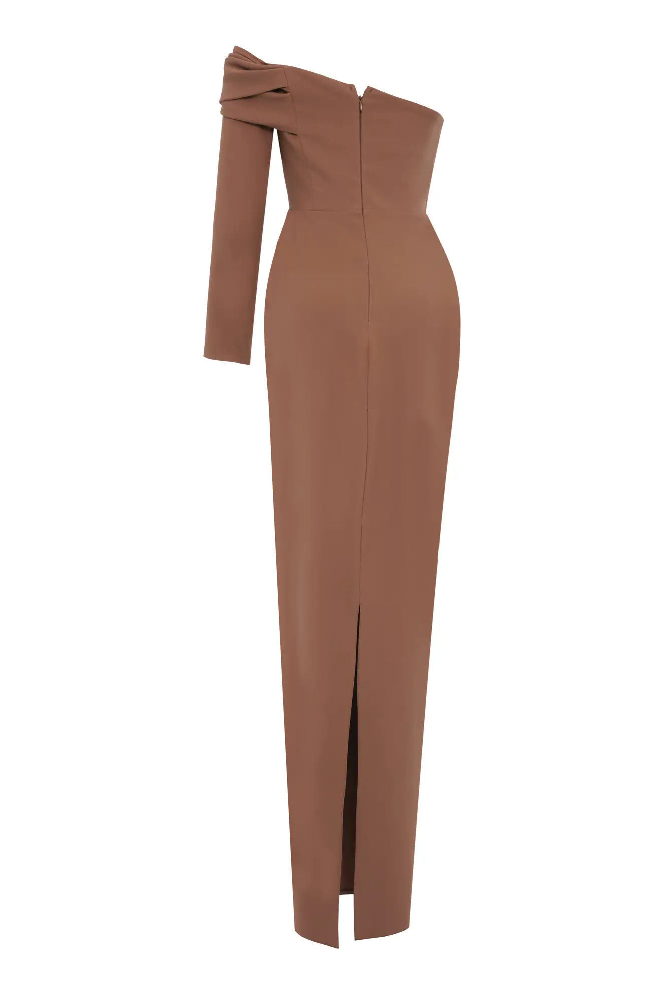 Camel Crepe One Arm Long Dress