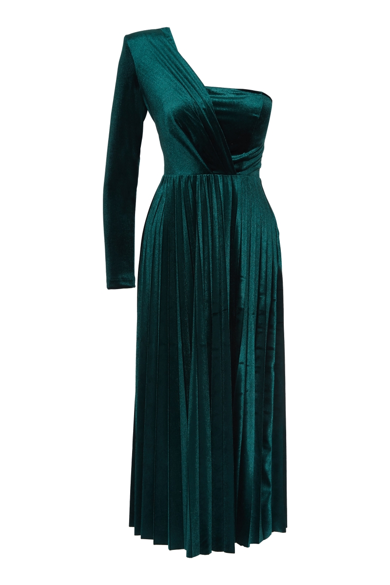 asos green velvet pleated dress Green Velvet One Sleeve Ruched Midi Dress – AX Paris